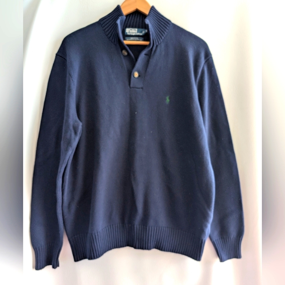 Polo by Ralph Lauren Cotton Blue Knit 1/4 Button Up Pullover Sweater Size XL